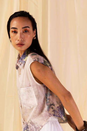 Close-up of handloom fabric on Hydra Hues Short Shirt, showcasing intricate weave and vibrant colors, epitomizing luxury womenswear