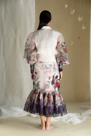 Exquisite handcrafted organza shirt in a delicate floral pattern, showcasing NJ3 Atelier's luxury womenswear craftsmanship