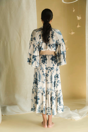 Elegant blue bell dress in premium handloom fabric, showcasing a graceful silhouette and artisan craftsmanship, epitomizing luxury womenswear