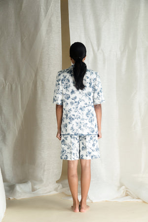 Breezy blue shorts in premium handloom fabric, showcasing a tailored silhouette and artisan craftsmanship for luxury womenswear