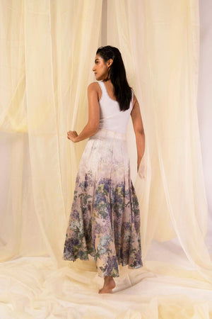 Elegant handloom skirt in vibrant hydra hues, showcasing a flowing silhouette and premium fabric for luxury womenswear