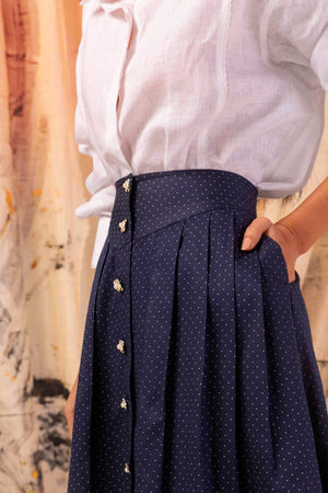 Elegant azure skirt with delicate pearl accents, crafted from premium handloom fabric, showcasing NJ3 Atelier's luxury womenswear artistry
