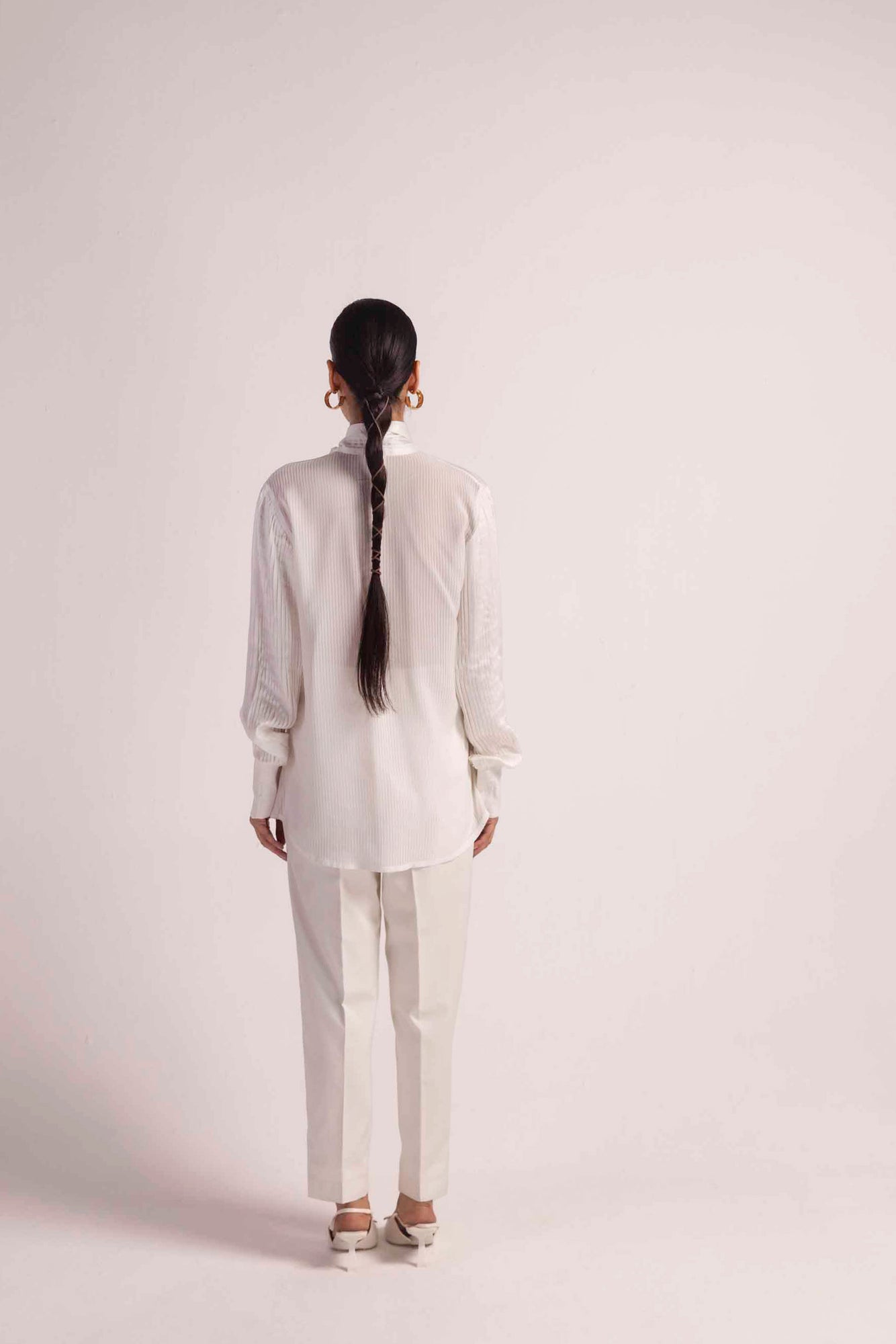 Elegant Valencia Drape Shirt in soft, handloom fabric, showcasing a flowing silhouette and artisan craftsmanship for luxury womenswear