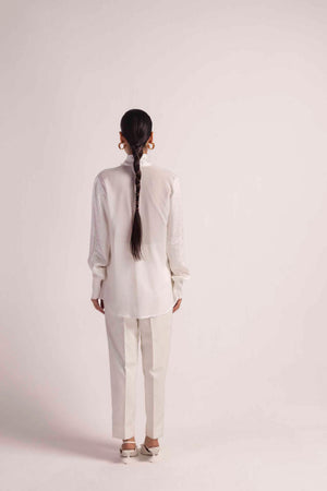 Elegant Valencia Drape Shirt in soft, handloom fabric, showcasing a flowing silhouette and artisan craftsmanship for luxury womenswear