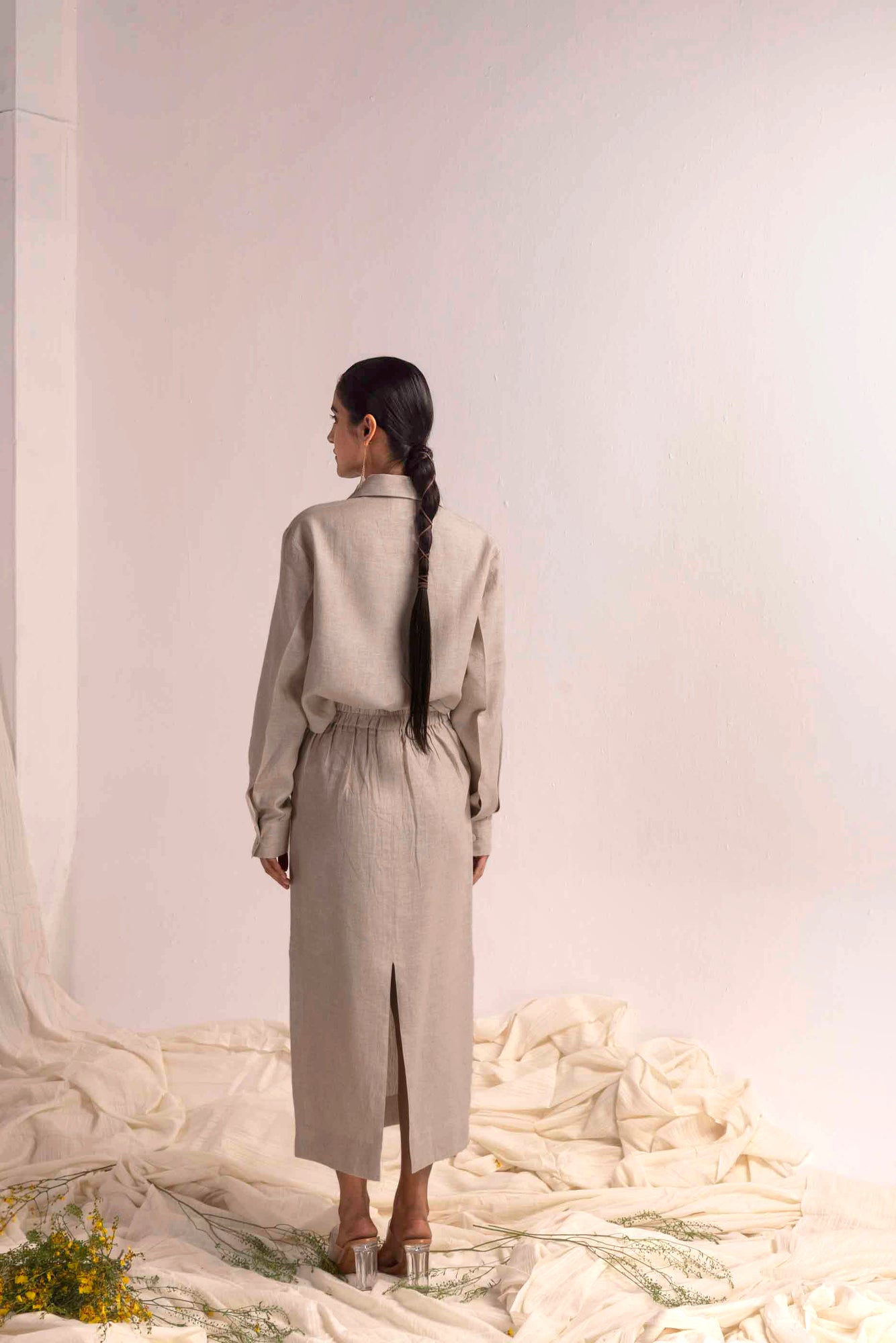 Elegant sand dune coord set in premium handloom fabric, showcasing a refined silhouette with intricate artisan detailing
