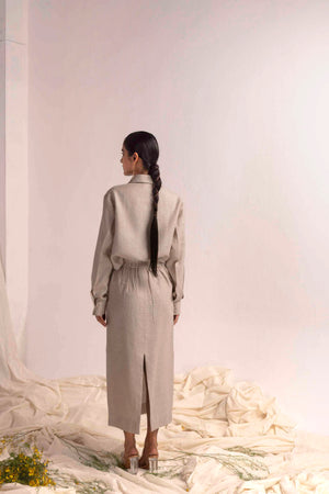 Elegant sand dune coord set in premium handloom fabric, showcasing a refined silhouette with intricate artisan detailing