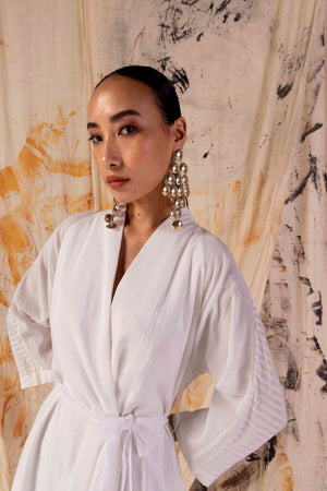 Elegant back view of the Valencia Stripe Lacy Dress, showcasing artisan-crafted lace details and premium handloom fabric in a refined silhouette