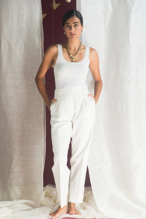 Elegant handloom trousers in rich navy, showcasing NJ3 Atelier's artisan craftsmanship and luxurious fabric for refined womenswear