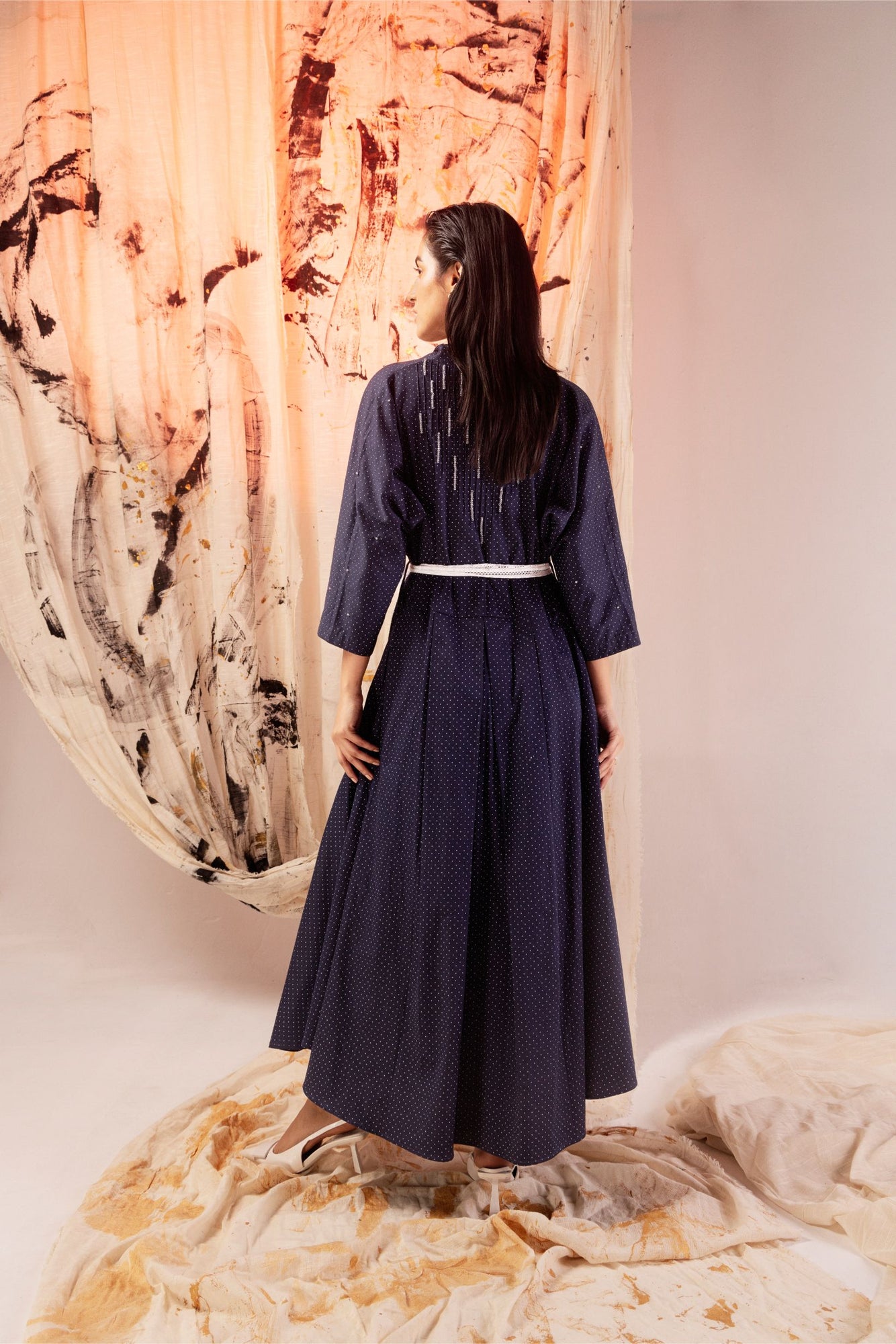 Azure satin dress with delicate dot pattern, showcasing luxury womenswear elegance and artisan craftsmanship from NJ3 Atelier
