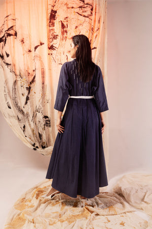 Azure satin dress with delicate dot pattern, showcasing luxury womenswear elegance and artisan craftsmanship from NJ3 Atelier