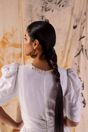 Paper-white handcrafted linen dress with button-down front, showcasing luxury womenswear elegance and artisan craftsmanship