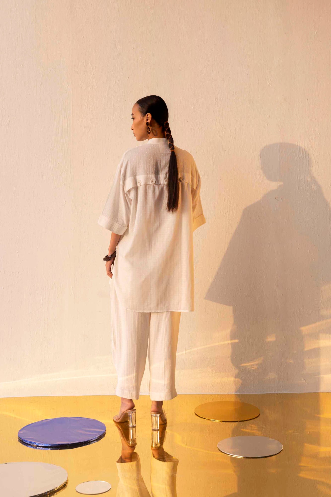 Elegant Serena Buttoned Co-ord Set in rich handloom fabric, showcasing artisan craftsmanship and luxury womenswear sophistication