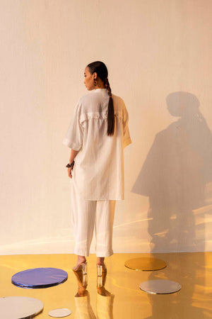 Elegant Serena Buttoned Co-ord Set in rich handloom fabric, showcasing artisan craftsmanship and luxury womenswear sophistication