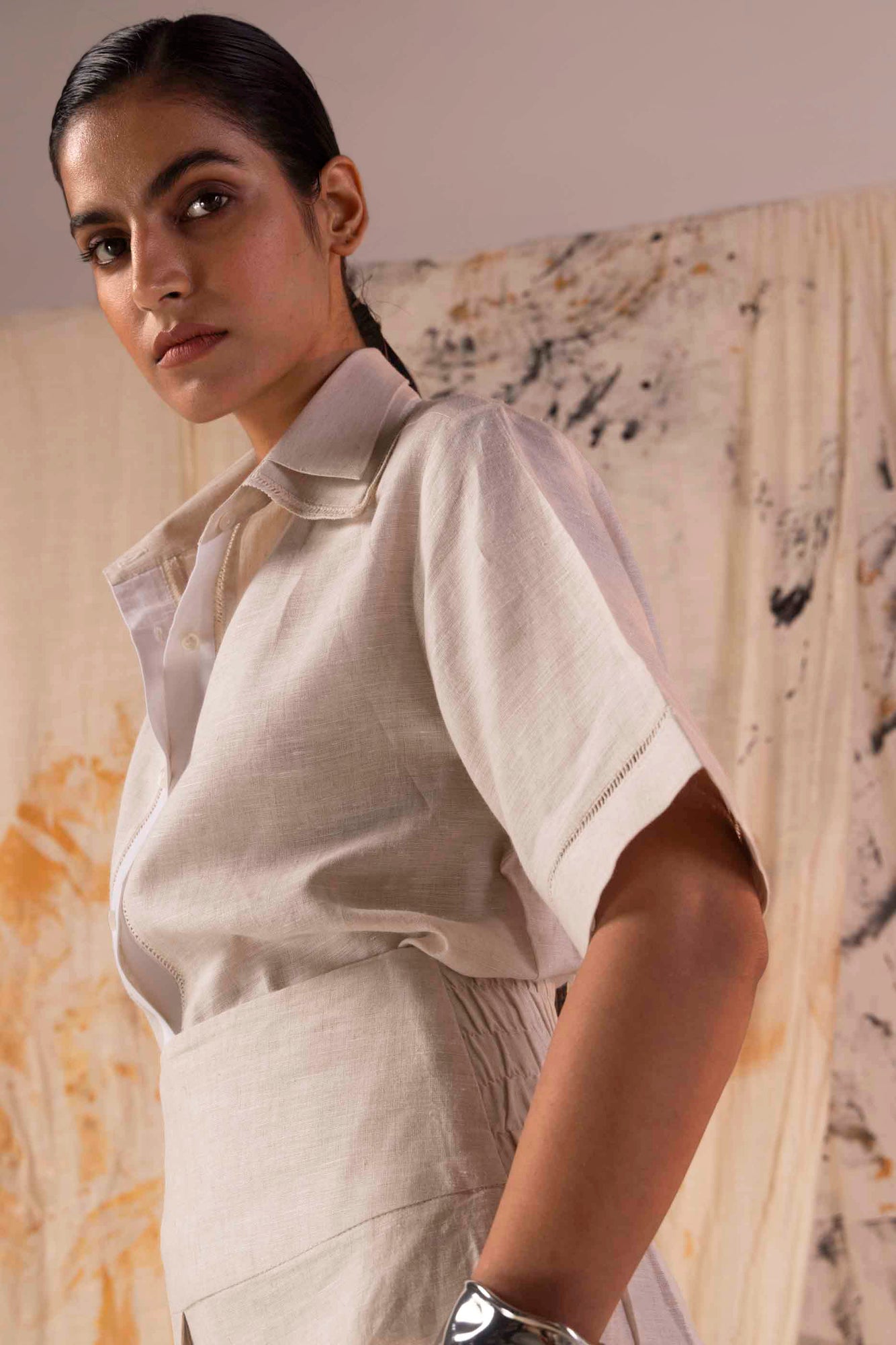 Handcrafted luxury women's co-ord in premium fabric, showcasing elegant silhouette and artisan detailing, epitomizing NJ3 Atelier's sophistication