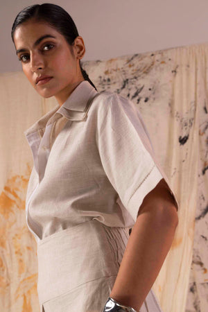 Handcrafted luxury women's co-ord in premium fabric, showcasing elegant silhouette and artisan detailing, epitomizing NJ3 Atelier's sophistication