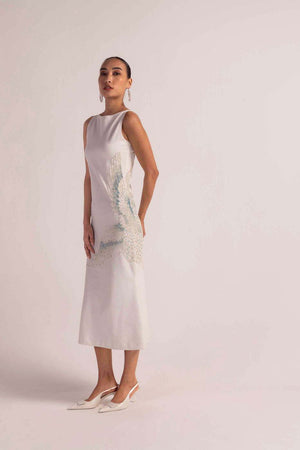 Elegant sea-shell pearl dress in premium handloom fabric, showcasing a refined silhouette and artisan craftsmanship, luxury womenswear