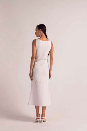 Close-up of the sea-shell pearl dress, showcasing its luxurious handloom fabric and intricate artisan craftsmanship