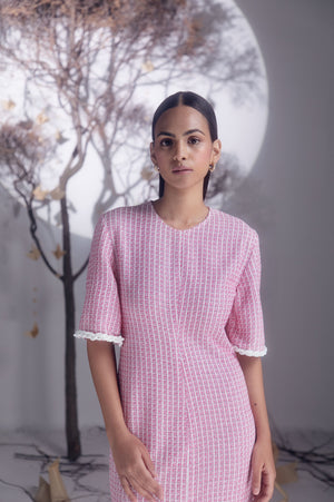 Pink boucle cotton wool midi dress with straight fit, featuring luxury handloom craftsmanship; dry clean only, XL made-to-order