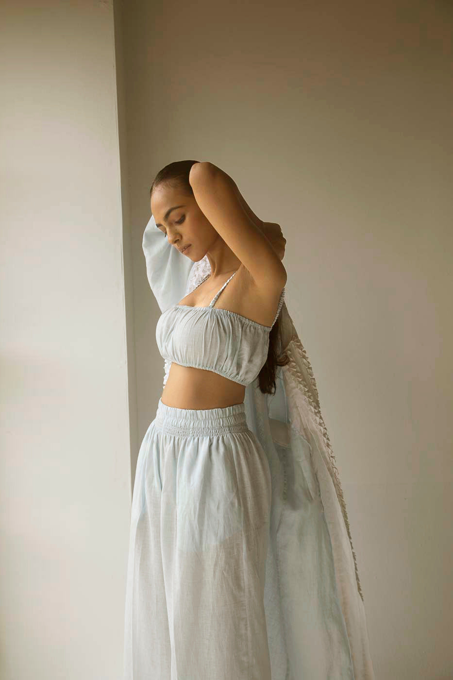 Close-up of the Roza Tube Top in premium handloom fabric, showcasing intricate artisan craftsmanship and luxurious texture