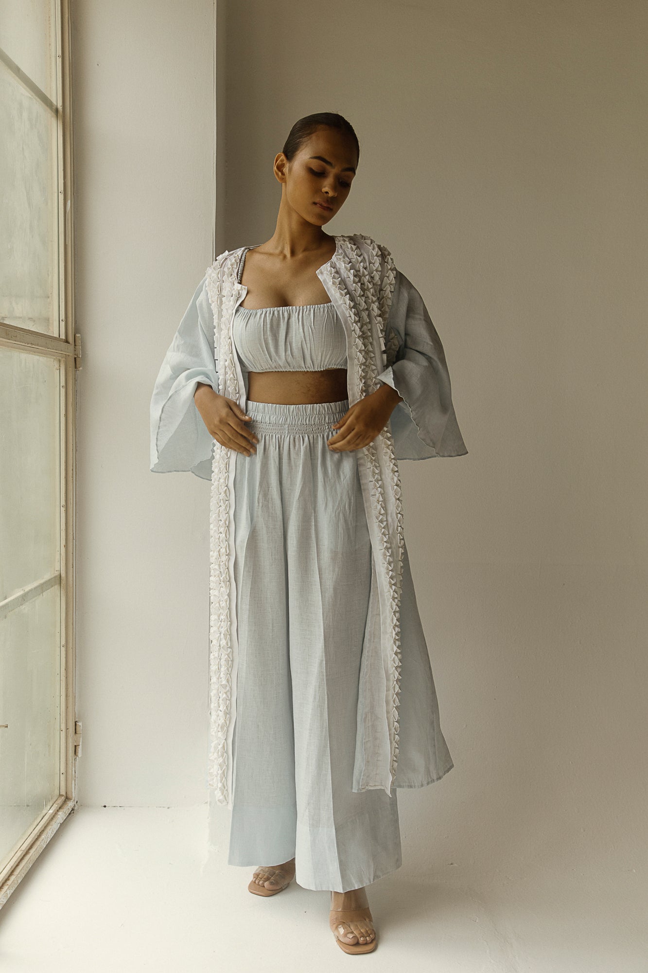 Elegant Bonheure Rosea Kaftan in premium handloom fabric, showcasing a flowing silhouette and intricate artisan-crafted details