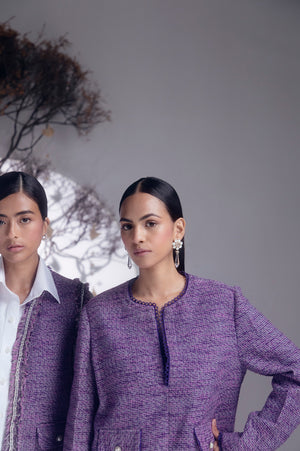 Exquisite Charoite Cord Set in rich purple, showcasing artisan craftsmanship with premium handloom fabric and elegant silhouette