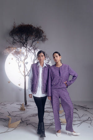 Luxurious purple and white co-ord set in pure woolen herringbone with silk taffeta, showcasing artisan craftsmanship and elegant design