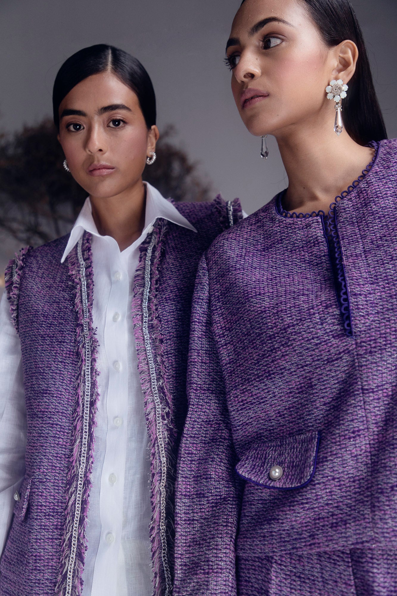 Elegant handloom charoite cord set in rich hues, showcasing premium fabric and artisan craftsmanship, epitomizing luxury womenswear