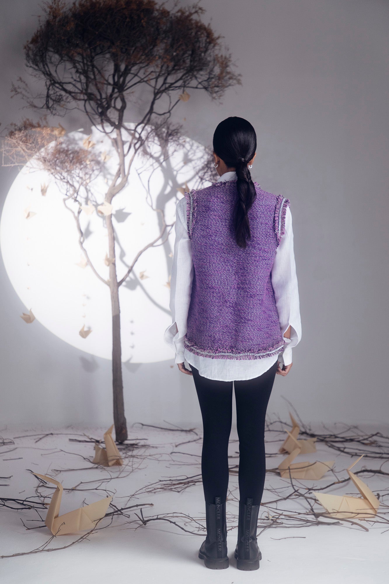 Exquisite handloom charoite fabric with intricate detailing, showcasing NJ3 Atelier's luxury womenswear craftsmanship in a refined silhouette