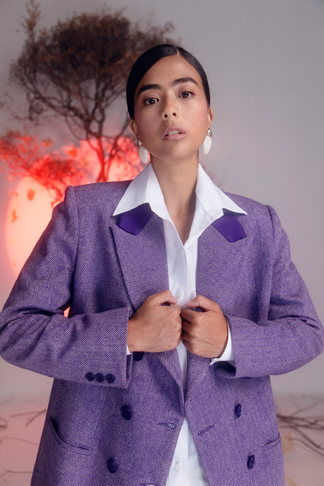 Luxurious charoite purple blazer in premium handloom fabric, showcasing a tailored silhouette and exquisite artisan craftsmanship