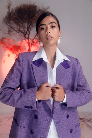 Luxurious charoite purple blazer in premium handloom fabric, showcasing a tailored silhouette and exquisite artisan craftsmanship