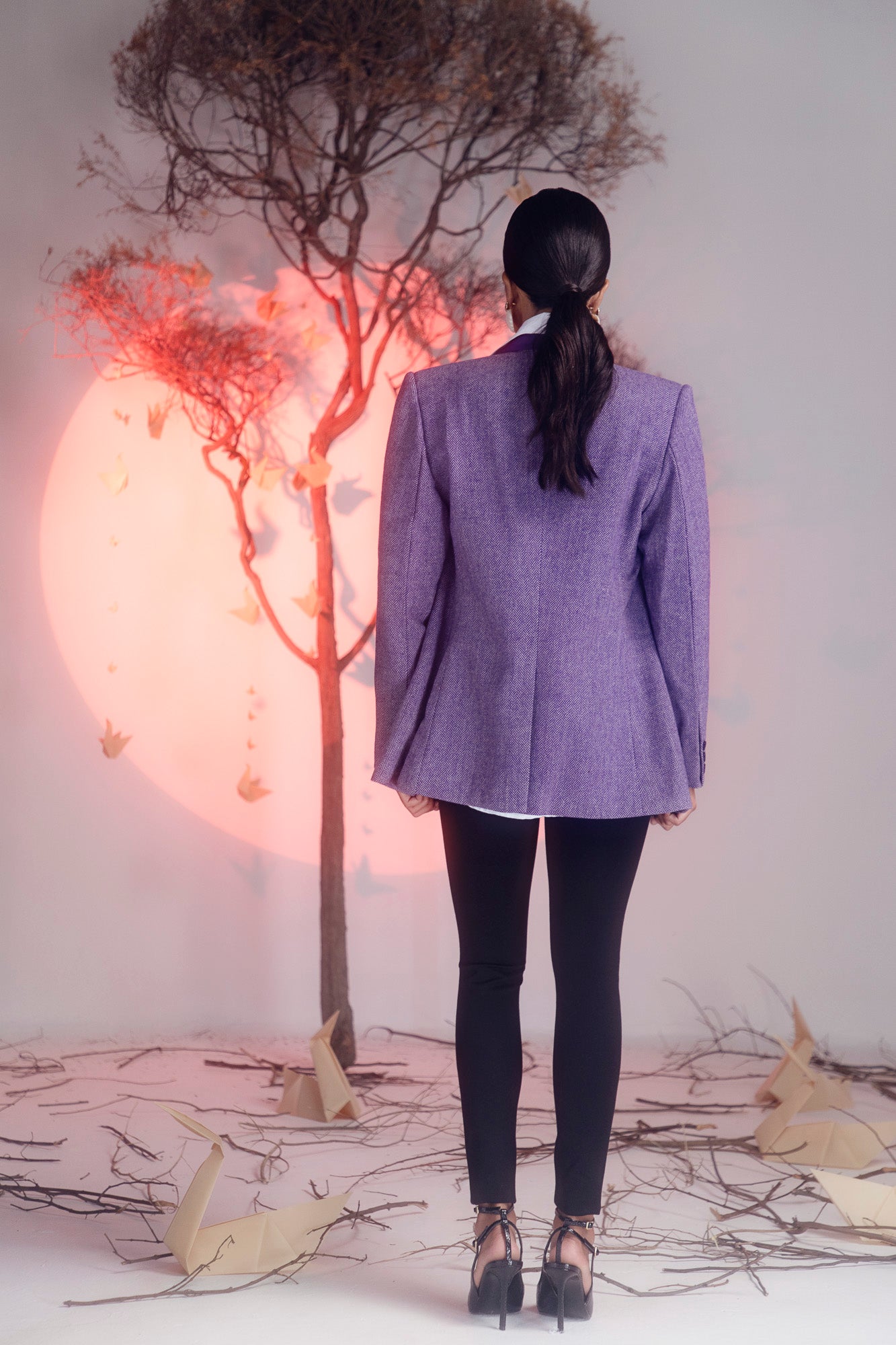 Charoite purple blazer in handloom fabric, showcasing a tailored silhouette and artisan craftsmanship, epitomizing luxury womenswear