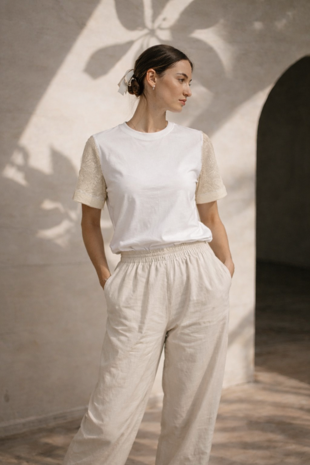 Lace Trim Silk Sleeve Tee