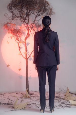 Jet black pearl suit in premium handloom fabric, showcasing a tailored silhouette, epitomizing luxury womenswear by NJ3 Atelier