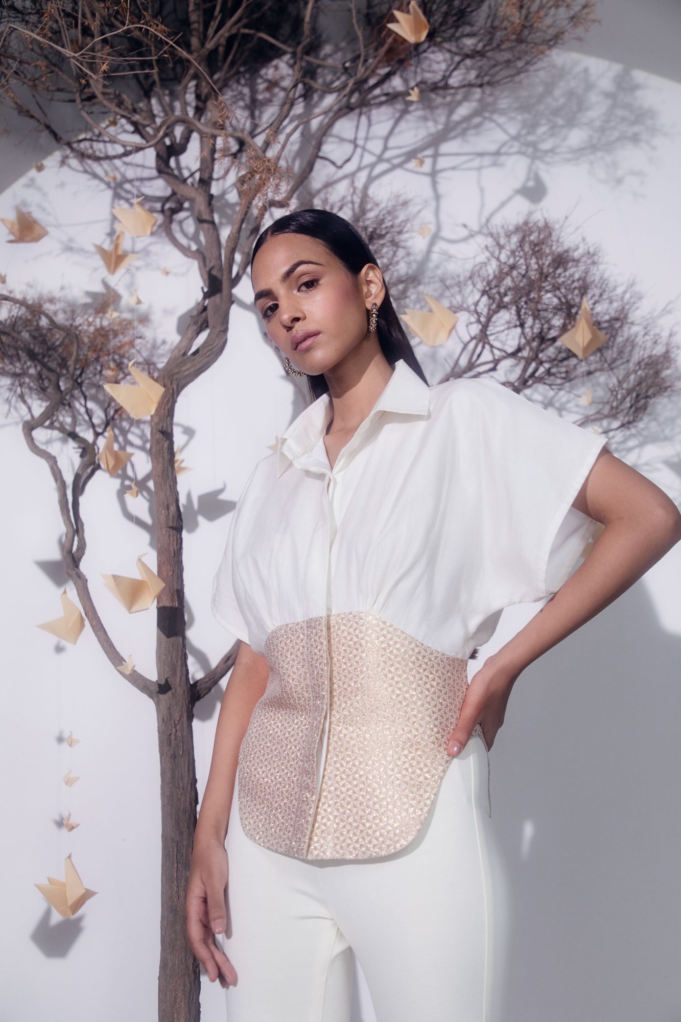 Luxurious beige and brown dolman top in golden silk jacquard and Chanderi silk, showcasing artisan craftsmanship and exclusive design
