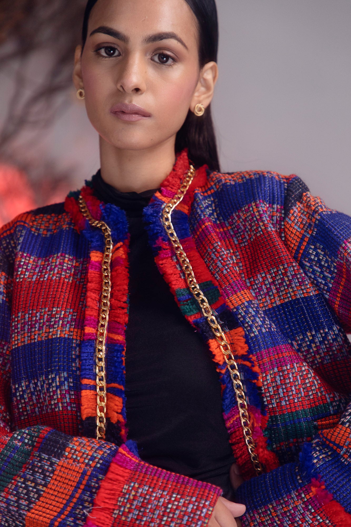 Elegant clay-toned jacket in premium handloom fabric, showcasing NJ3 Atelier's luxury womenswear craftsmanship and sophisticated design