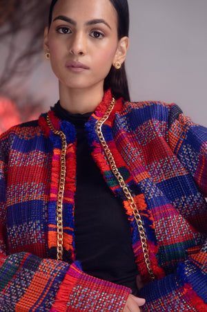 Elegant clay-toned jacket in premium handloom fabric, showcasing NJ3 Atelier's luxury womenswear craftsmanship and sophisticated design