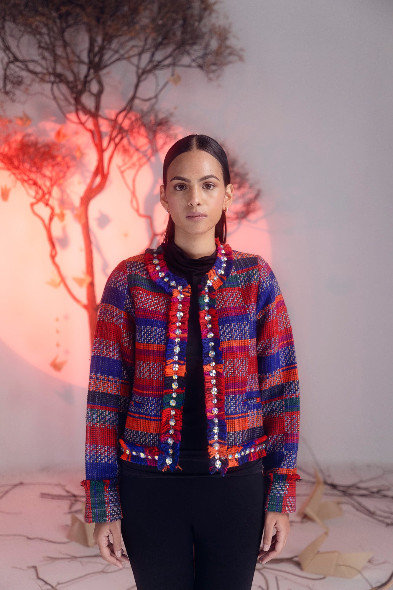 Luxurious red and multi-color check jacket in pure wool, showcasing artisan craftsmanship and premium handloom quality
