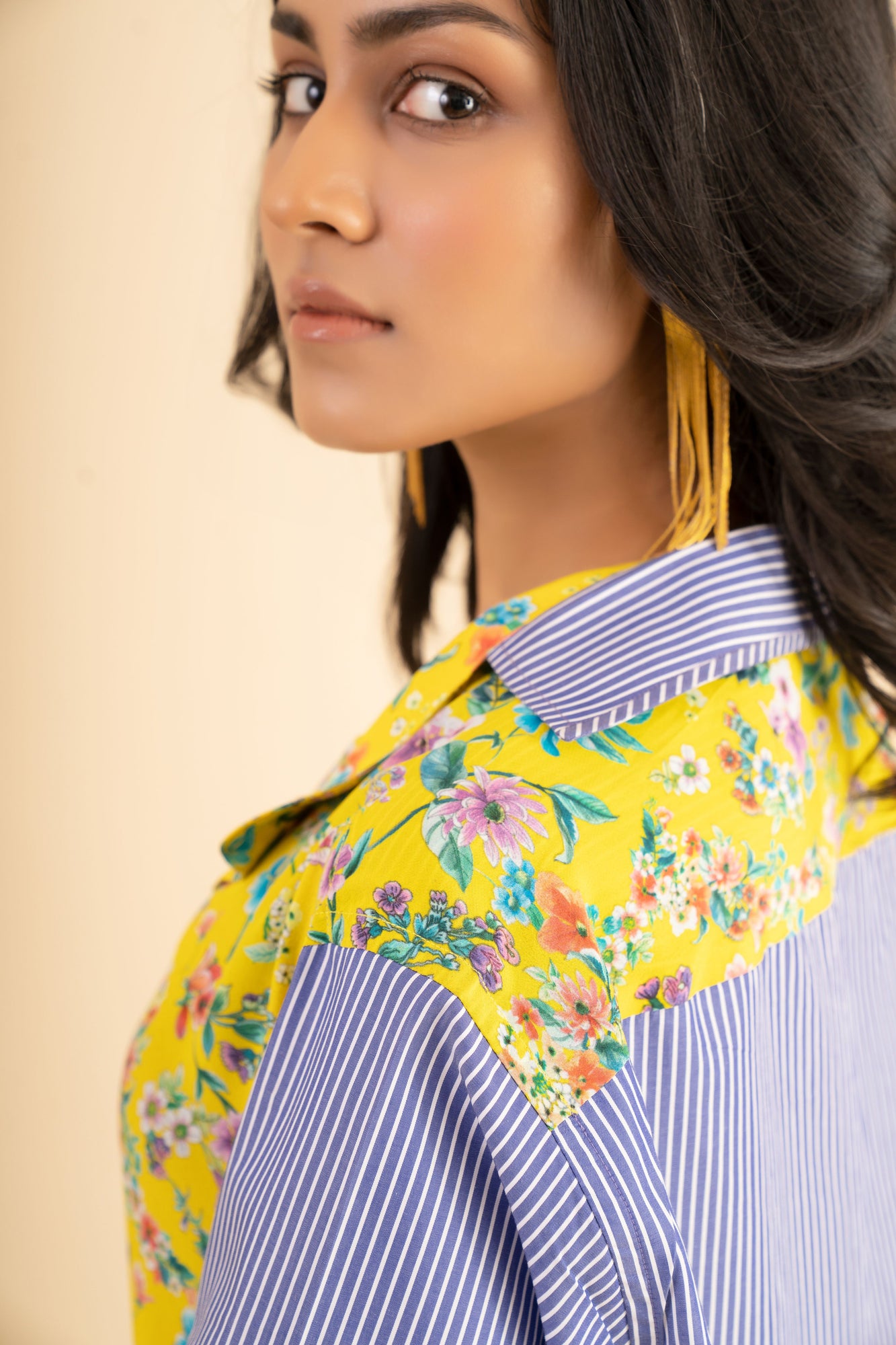 Luxurious handloom bumble bee stripe shirt in premium fabric, showcasing artisan craftsmanship and sophisticated women's style