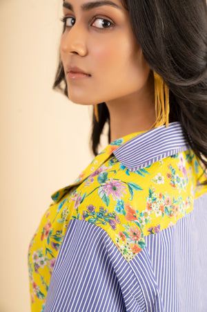 Luxurious handloom bumble bee stripe shirt in premium fabric, showcasing artisan craftsmanship and sophisticated women's style