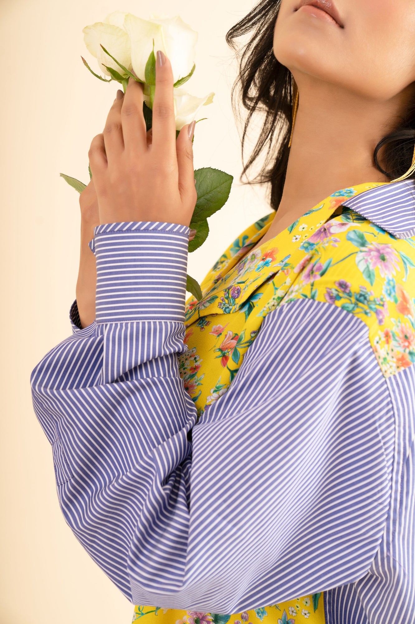 Elegant bumblebee-striped shirt in premium handloom fabric, showcasing NJ3 Atelier's luxury craftsmanship and artisan design