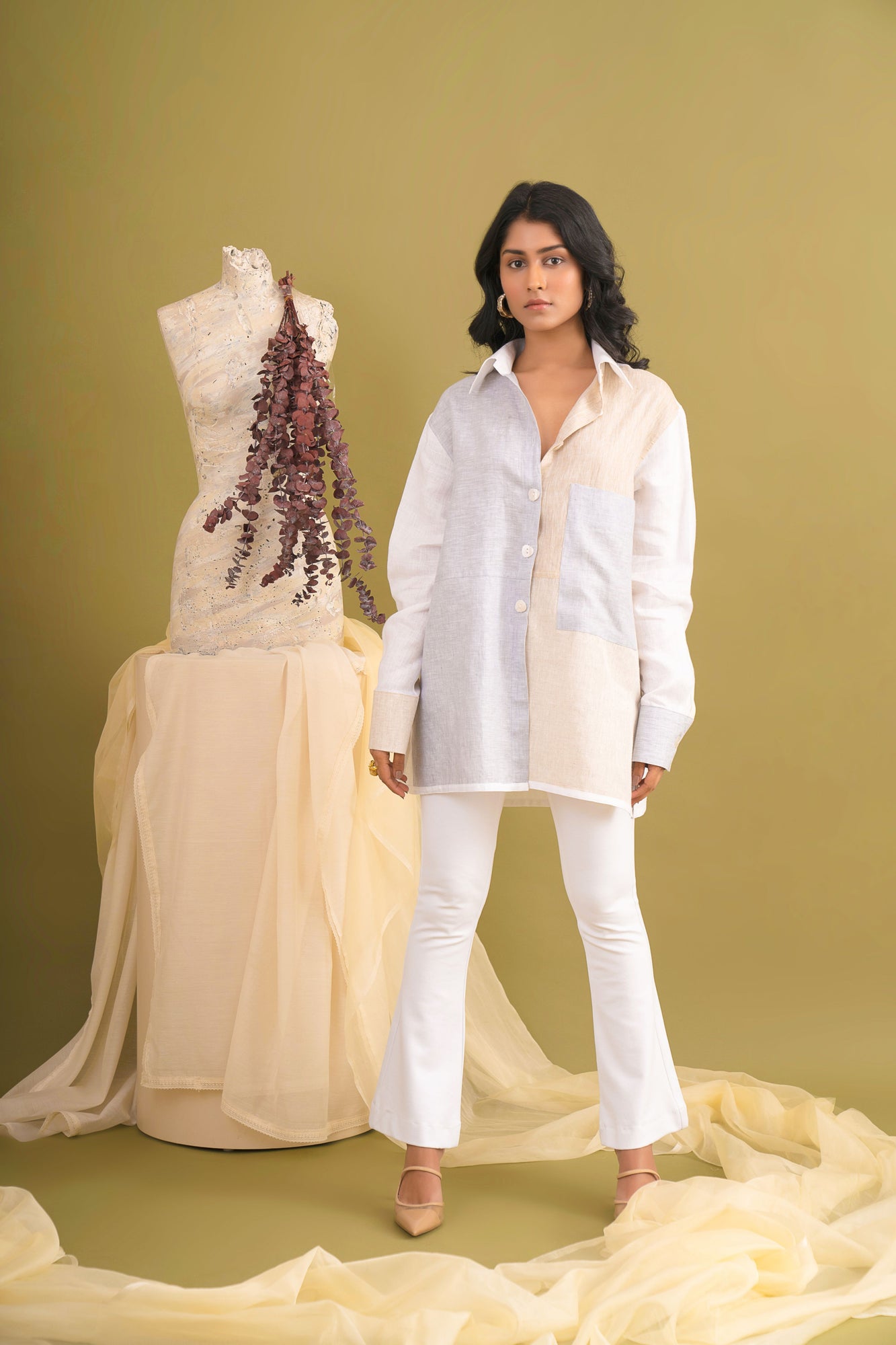 Luxurious linen shirt in white, beige, or blue with a taffeta placket, showcasing premium craftsmanship and elegant design