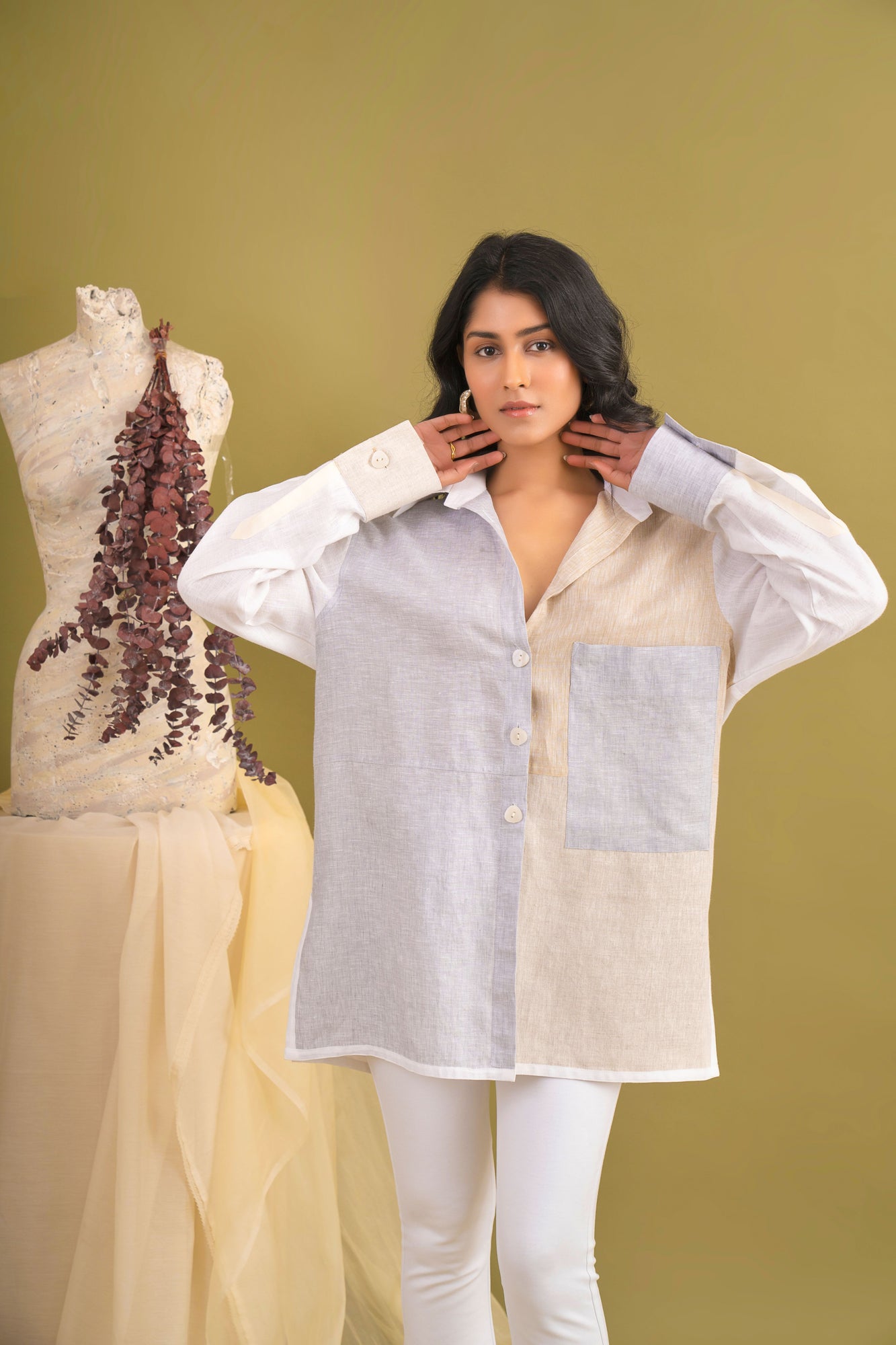 Handcrafted artisan shirt in premium fabric, showcasing a unique mix of colors and patterns, epitomizing luxury womenswear by NJ3 Atelier
