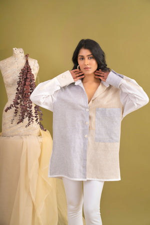 Handcrafted artisan shirt in premium fabric, showcasing a unique mix of colors and patterns, epitomizing luxury womenswear by NJ3 Atelier
