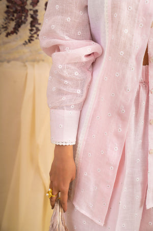 Close-up of the Lepidolite Cord Set's handloom fabric, showcasing intricate artisan craftsmanship and luxury womenswear elegance
