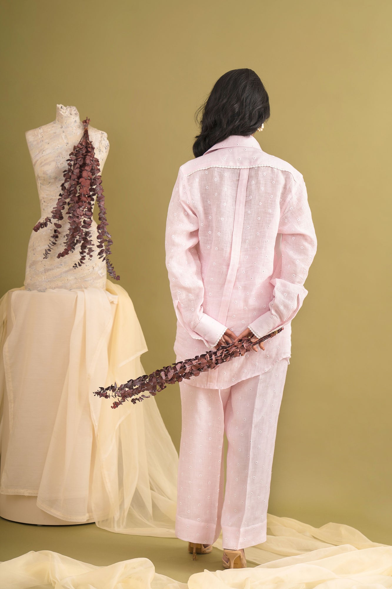 Handcrafted lepidolite cord set with premium fabric shirt, showcasing luxurious design and artisan craftsmanship in elegant silhouette