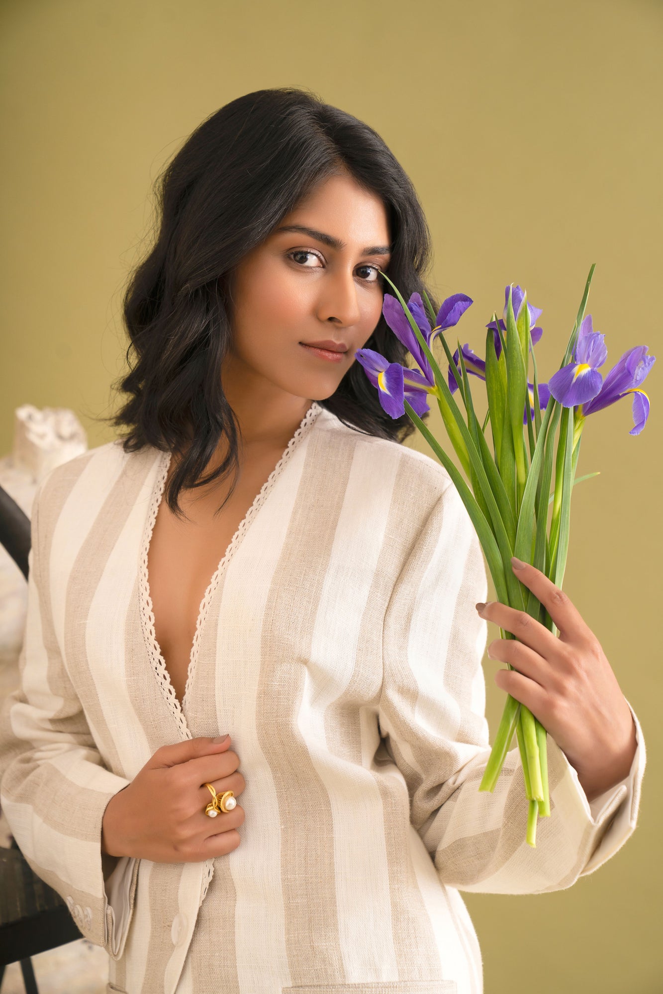 Handcrafted cotton linen jacket and pant set in white stripe, nutmeg hue; luxury womenswear by NJ3 Atelier, dry clean only