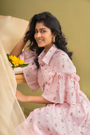 Luxurious pink linen dress featuring a ruffled big flower design, crafted from pure linen for a chic, artisan-made look. Dry clean only