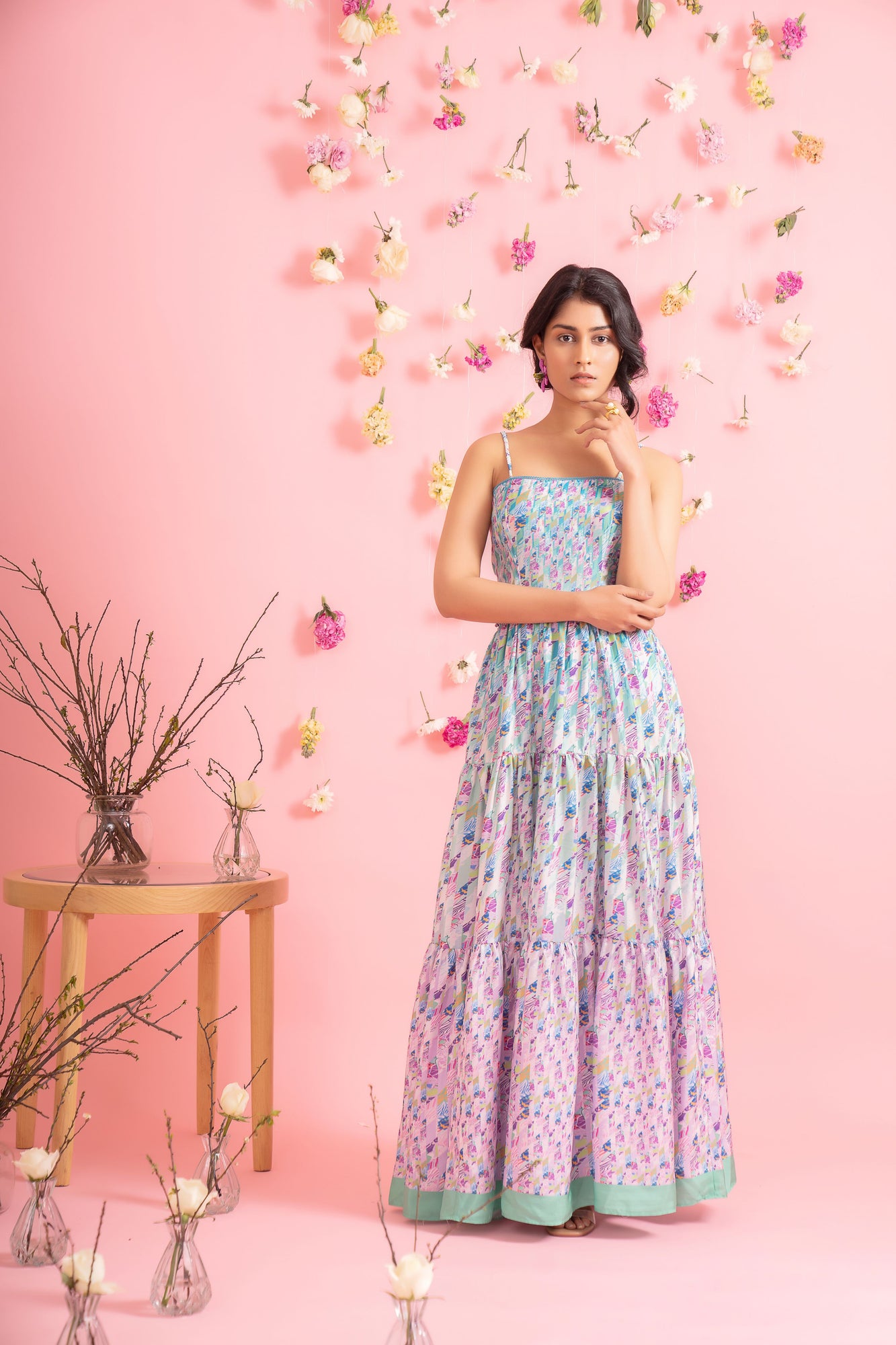 Elegant blue brick-patterned dress in premium handloom fabric, showcasing exquisite craftsmanship and luxurious silhouette for refined style