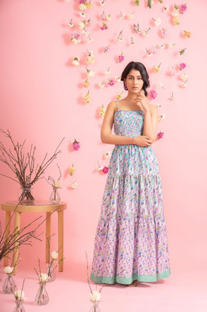Elegant blue brick-patterned dress in premium handloom fabric, showcasing exquisite craftsmanship and luxurious silhouette for refined style