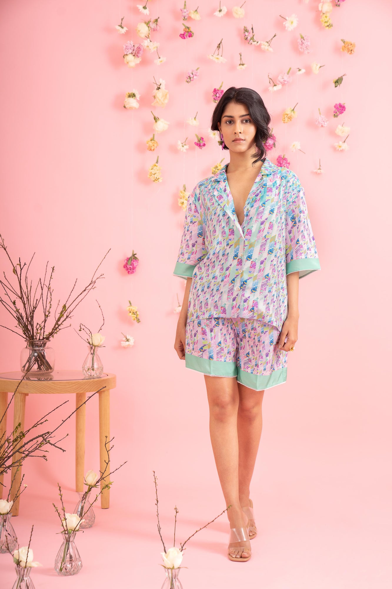 Luxurious blue multicolor silk co-ord set featuring a half pant and shirt, artisan-crafted for a sophisticated, elegant look
